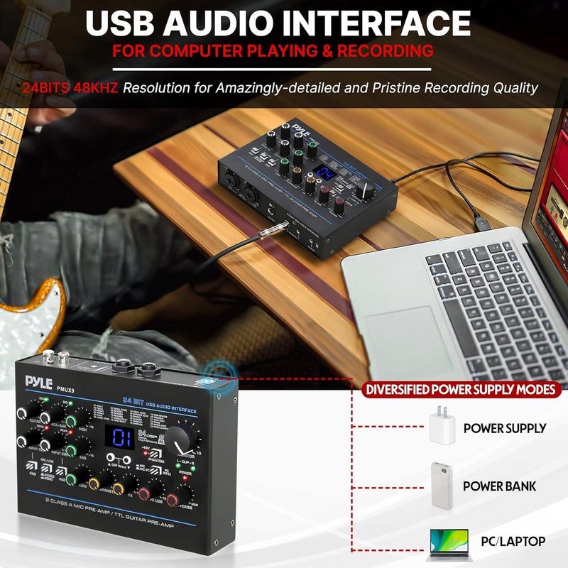 Pyle USB Audio Interface - MIC/LINE - Guitar - AUX Stereo & RCA Inputs - Preset 24 Digital Effects - Phantom Power - Phone/Stereo/Monitor/Headphone Outputs - For Computer Playing & Recording - PMUX9 - Image 3